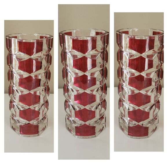 𝅺Vintage Vases Red Geometric Luminarc France by J.G. Durand SET OF 2 #0306 - Picture 14 of 14
